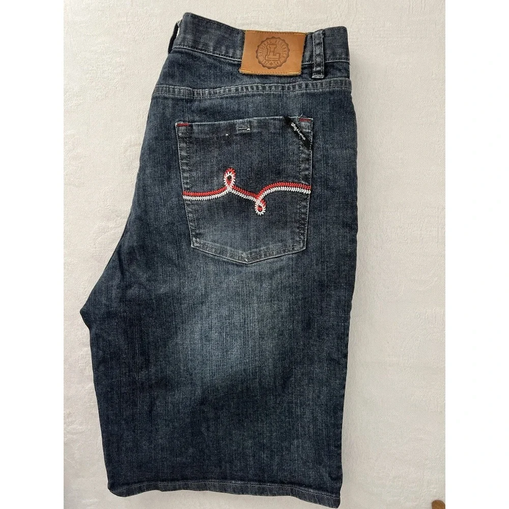 Vintage Y2K LRG Denim Shorts Mens 38 Baggy Embroidered Skater Hip Hop Jean Jorts